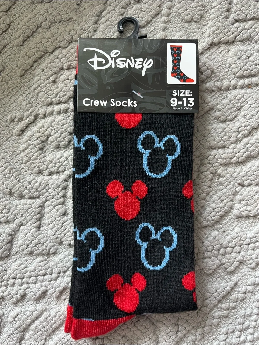 Disney Black Crew Socks with Red and Light Blue Mickey Silhouettes